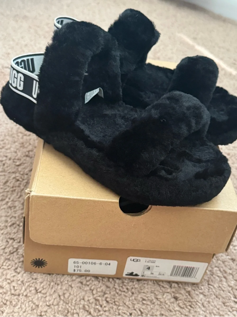 UGG Black Plush Shearling Dual-Strap Slides